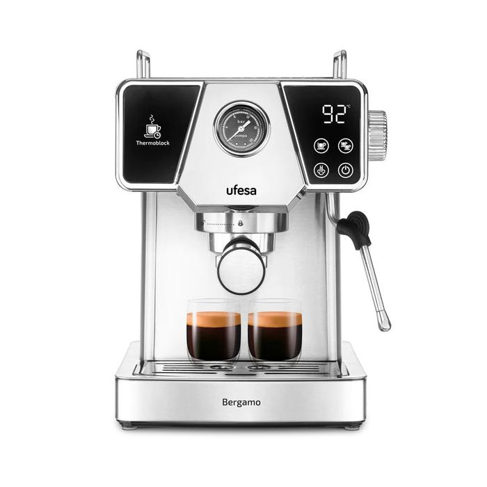 Aparat za espresso UFESA Bergamo za mljevenu kavu, 20 bara, s manometrom, Thermoblock grijanjem i pjenilom mlijeka