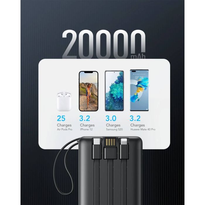 Powerbank VEGER, s ugrađenim C20 kablovima, 20.000 mAh, crni Powerbank VEGER, s ugrađenim C20 kablovima, 20.000 mAh, crni