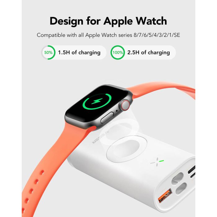 Powerbank VEGER MagFan 10.000 mAh, s ugrađenim kablom i punjačem za Apple Watch, bijeli Powerbank VEGER MagFan 10.000 mAh, s ugrađenim kablom i punjačem za Apple Watch, bijeli