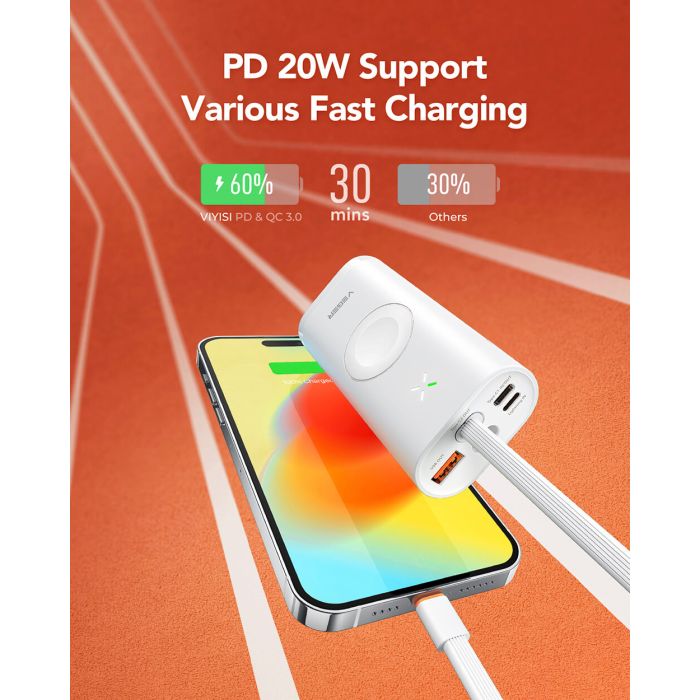 Powerbank VEGER MagFan 10.000 mAh, s ugrađenim kablom i punjačem za Apple Watch, bijeli Powerbank VEGER MagFan 10.000 mAh, s ugrađenim kablom i punjačem za Apple Watch, bijeli