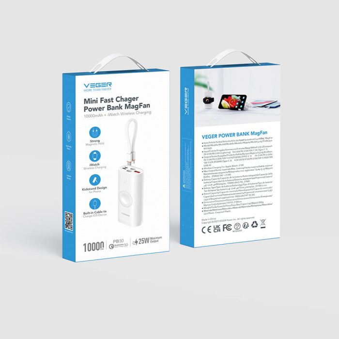 Powerbank VEGER MagFan 10.000 mAh, s ugrađenim kablom i punjačem za Apple Watch, bijeli Powerbank VEGER MagFan 10.000 mAh, s ugrađenim kablom i punjačem za Apple Watch, bijeli