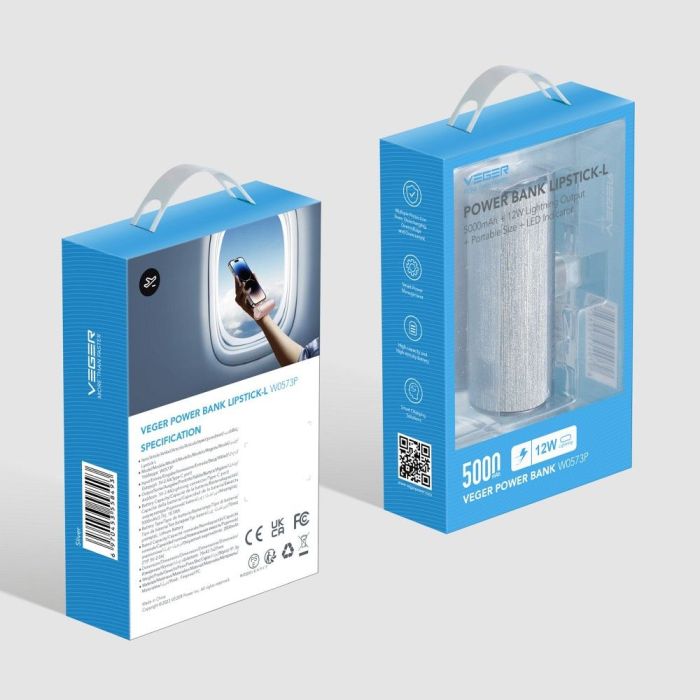 Powerbank VEGER, s ugrađenim Type-C priključkom, 5.000 mAh, srebrni Powerbank VEGER, s ugrađenim Type-C priključkom, 5.000 mAh, srebrni