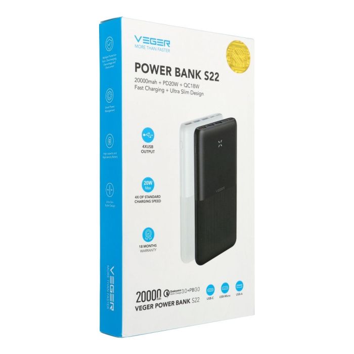 Powerbank VEGER S22 20.000 mAh, ultra slim, crni Powerbank VEGER S22 20.000 mAh, ultra slim, crni