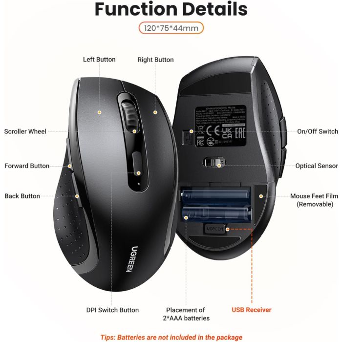Miš UGREEN, ergonomski bežični s bočnim gumbima Miš UGREEN, ergonomski bežični s bočnim gumbima