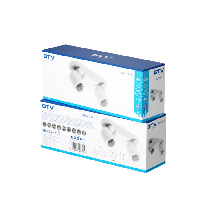 Svjetiljka GTV BLINK II, stropna, max. 250V 50/60Hz GU10, max. 2x20W, IP20, dvostruka, bijela Svjetiljka GTV BLINK II, stropna, max. 250V 50/60Hz GU10, max. 2x20W, IP20, dvostruka, bijela