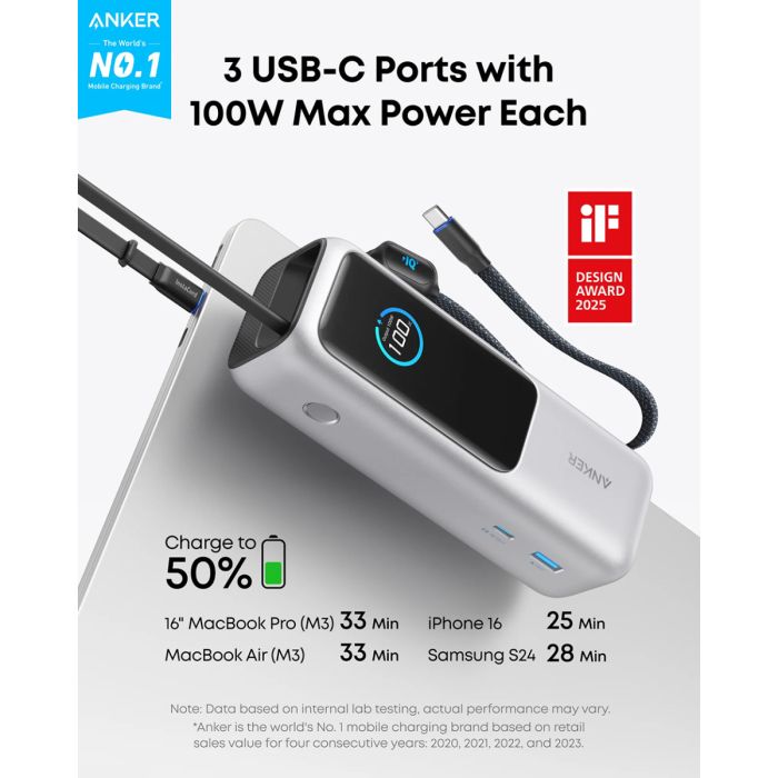 Powerbank ANKER 25.000mAh s integriranim USB-C kabelom, 165W, srebrni