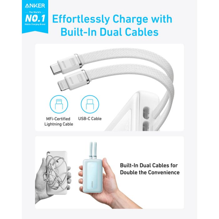 Powerbank ANKER Zolo 10.000mAh, 30W s integriranim USB-C i Lightning kabelima, bijeli Powerbank ANKER Zolo 10.000mAh, 30W s integriranim USB-C i Lightning kabelima, bijeli