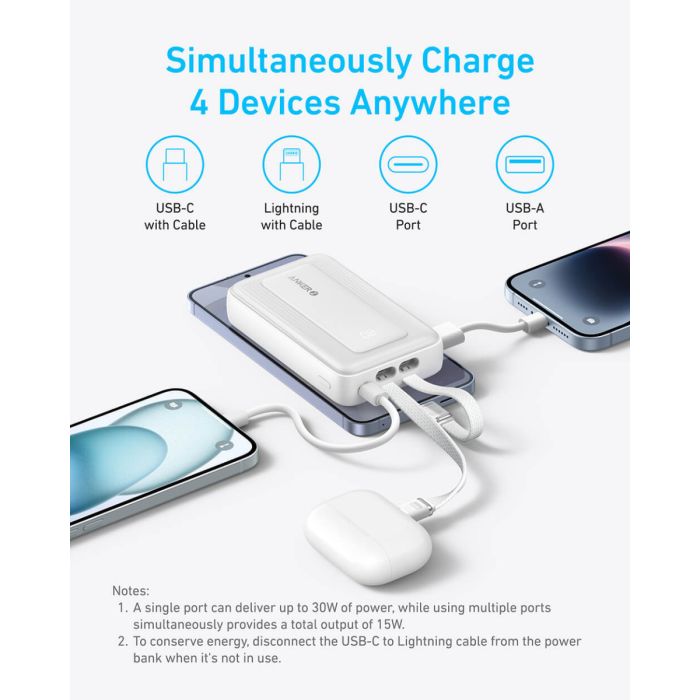 Powerbank ANKER Zolo 10.000mAh, 30W s integriranim USB-C i Lightning kabelima, bijeli Powerbank ANKER Zolo 10.000mAh, 30W s integriranim USB-C i Lightning kabelima, bijeli