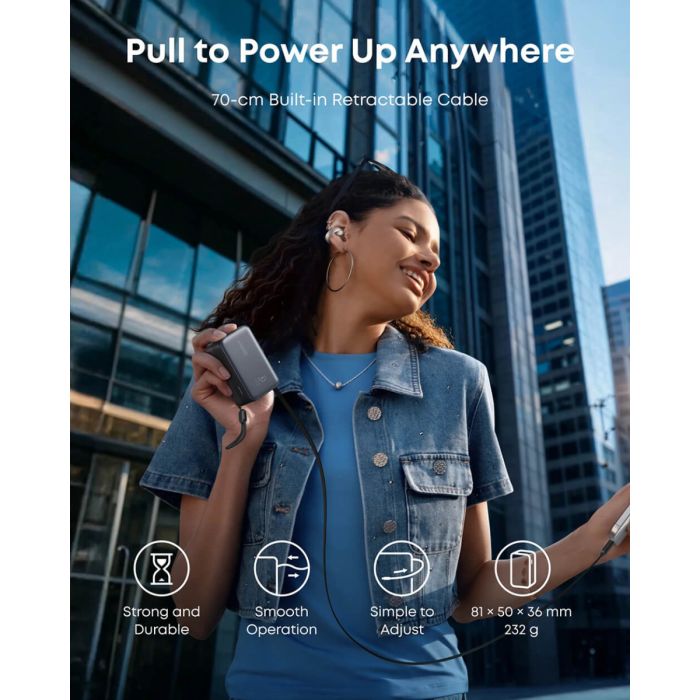 Powerbank ANKER Nano 10.000mAh, 45W s integriranim USB-C kabelom, crni