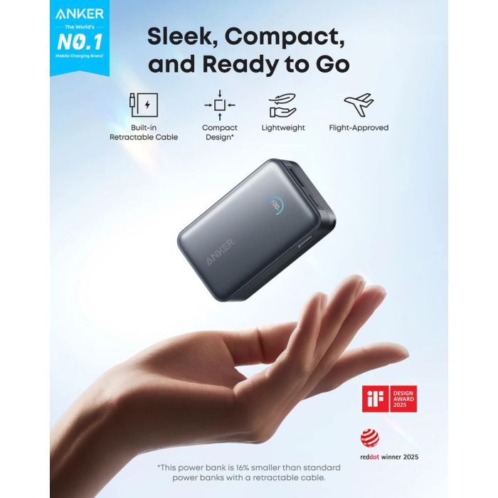 Powerbank ANKER Nano 10.000mAh, 45W s integriranim USB-C kabelom, crni