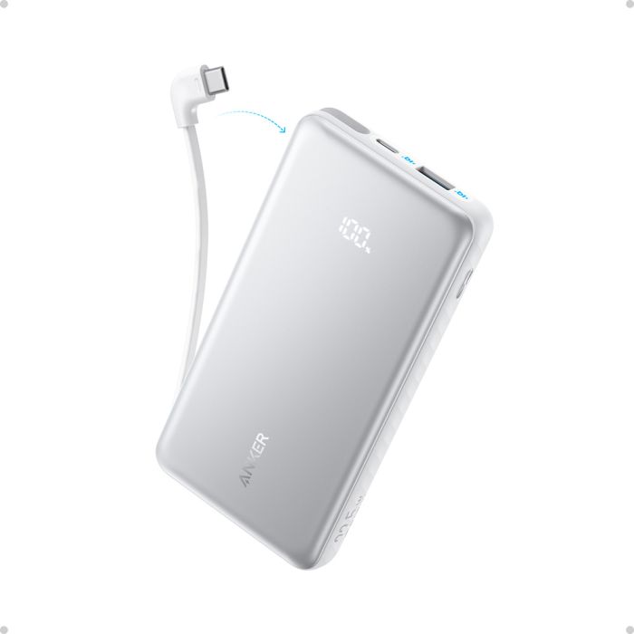 Prijenosna baterija ANKER Zolo, 10.000mAh, 22.5W, s ugrađenim USB-C kabelom, bijela