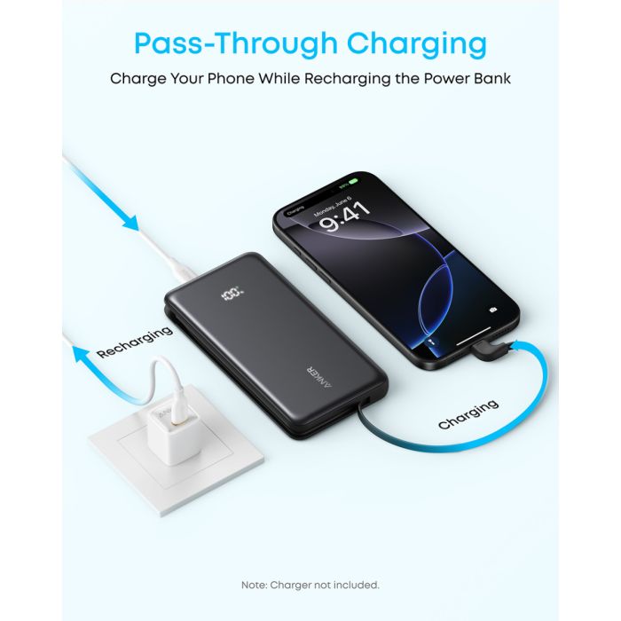 Prijenosna baterija ANKER Zolo, 10.000mAh, 22.5W, s ugrađenim USB-C kabelom, bijela