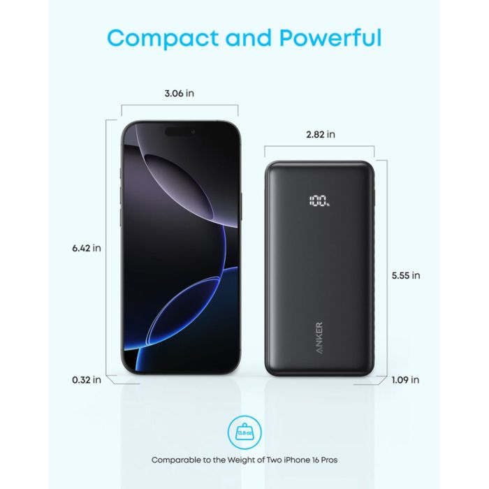 Prijenosna baterija ANKER Zolo, 20.000mAh, 22.5W, s ugrađenim USB-C kabelom, crna