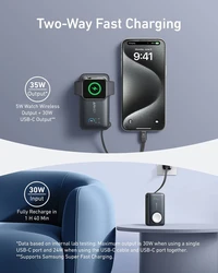 PowerBank ANKER MagOn, 10000 mAh, 35W, s integriranim kabelom i bežičnim punjenjem za Apple Watch