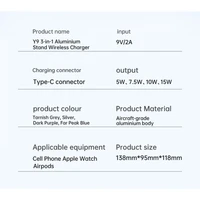 Bežična stanica za punjenje VEGER Y9, 3-u-1, za smartphone, Apple Watch i AirPods, siva