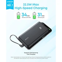Prijenosna baterija ANKER Zolo, 20.000mAh, 22.5W, s ugrađenim USB-C kabelom, crna