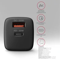 Zidni punjač AXAGON ACU-PQ30, USB-A + USB-C, PD 3.0, PPS, QC 4+, 30W, crni